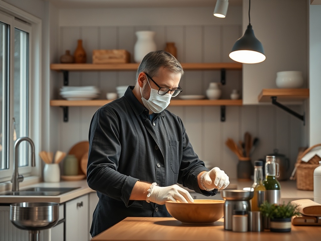 Мужчина в маске и перчатках готовит пищу на кухне, за ним аккуратно расставлены посуды и принадлежности.