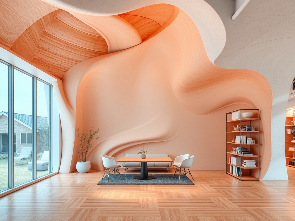 Современный интерьер с волнообразной стеной, деревянным полом и стильной мебелью в светлых тонах.
