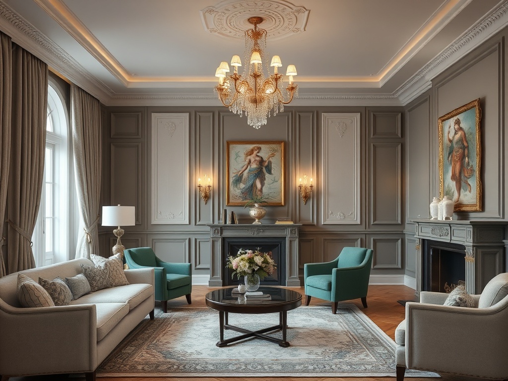 Уютная гостиная с элегантной мебелью, картинами на стенах и красивой люстрой.