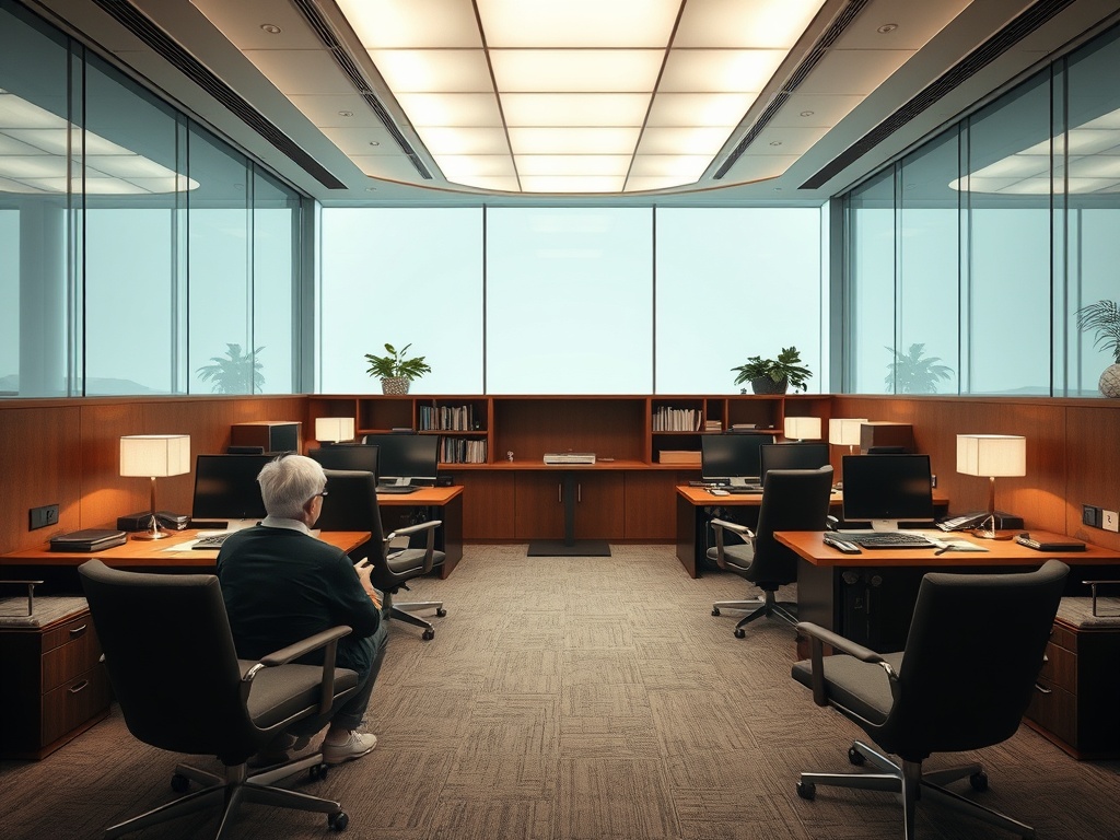 В современном офисе сидит человек с седыми волосами, окружённый столами и компьютерами.