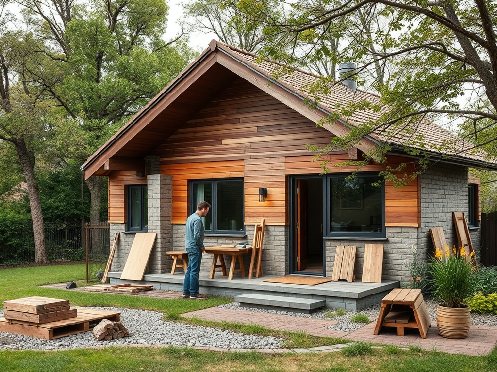 Маленький домик с деревянной отделкой в окружении зелени. Человек работает на патио перед домом.