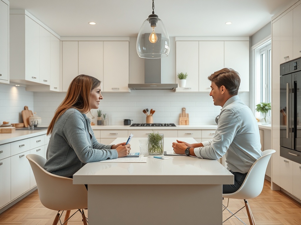 Два человека сидят за кухонным столом, беседуя и обсуждая что-то важное. Светлое и уютное пространство.