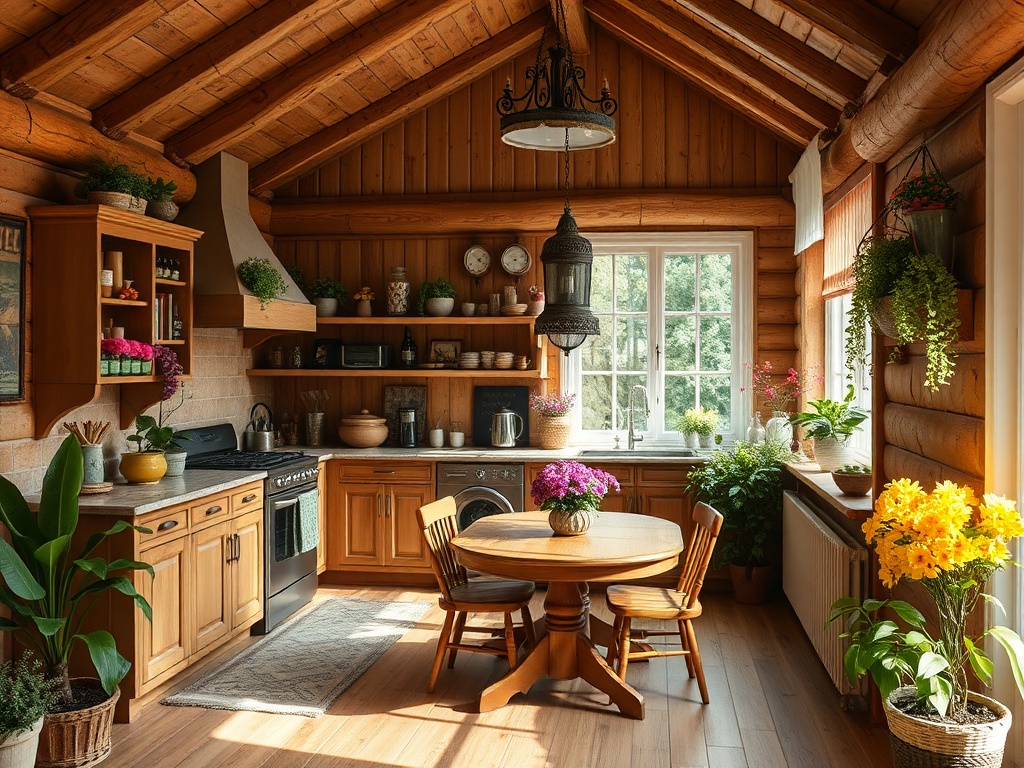 Светлая кухня в деревянном доме с большим окном, растениями и деревянной мебелью. Уютная и современная атмосфера.