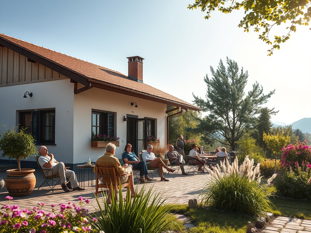 Группа людей отдыхает на террасе у загородного дома в окружении природы, цветов и зелени.