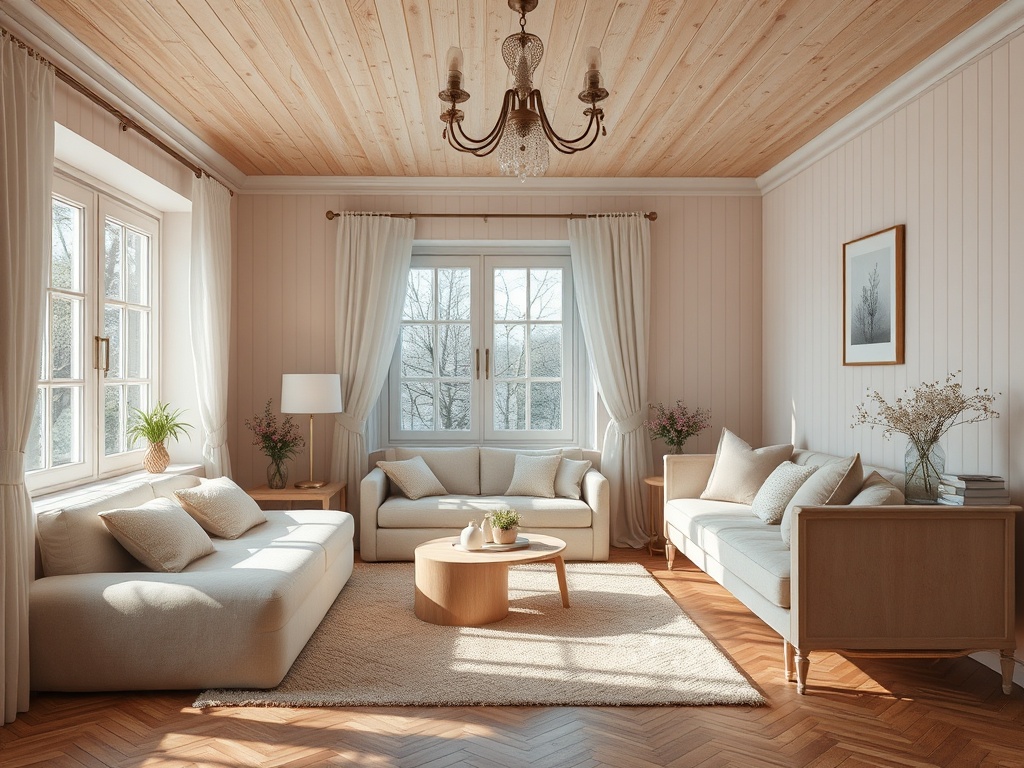 Светлая гостиная с двумя диванами, столиком, окнами и вазами с цветами на фоне светлой деревянной отделки.