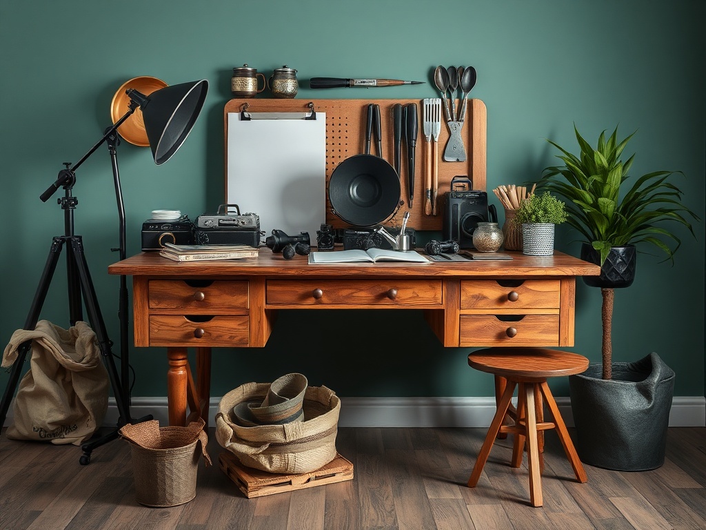 Деревянный стол с различными предметами: лампа, старая камера, растения и кухонные принадлежности на стене.