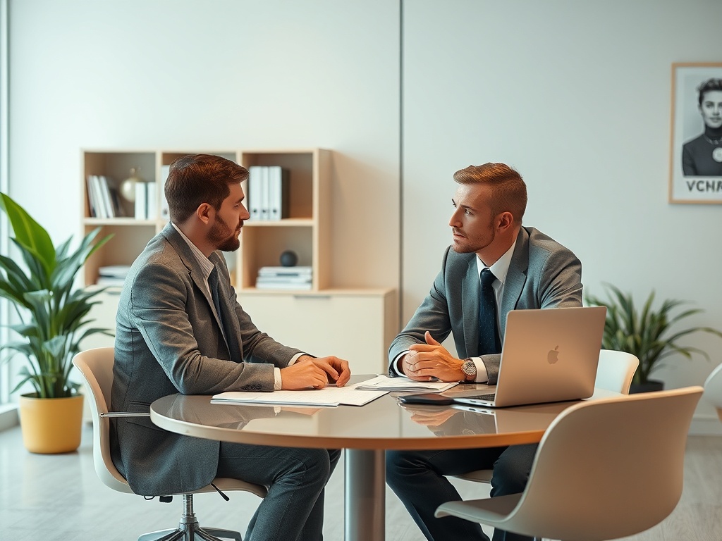 Два деловых человека обсуждают документы за круглым столом в современном офисе. На столе ноутбук и папки.