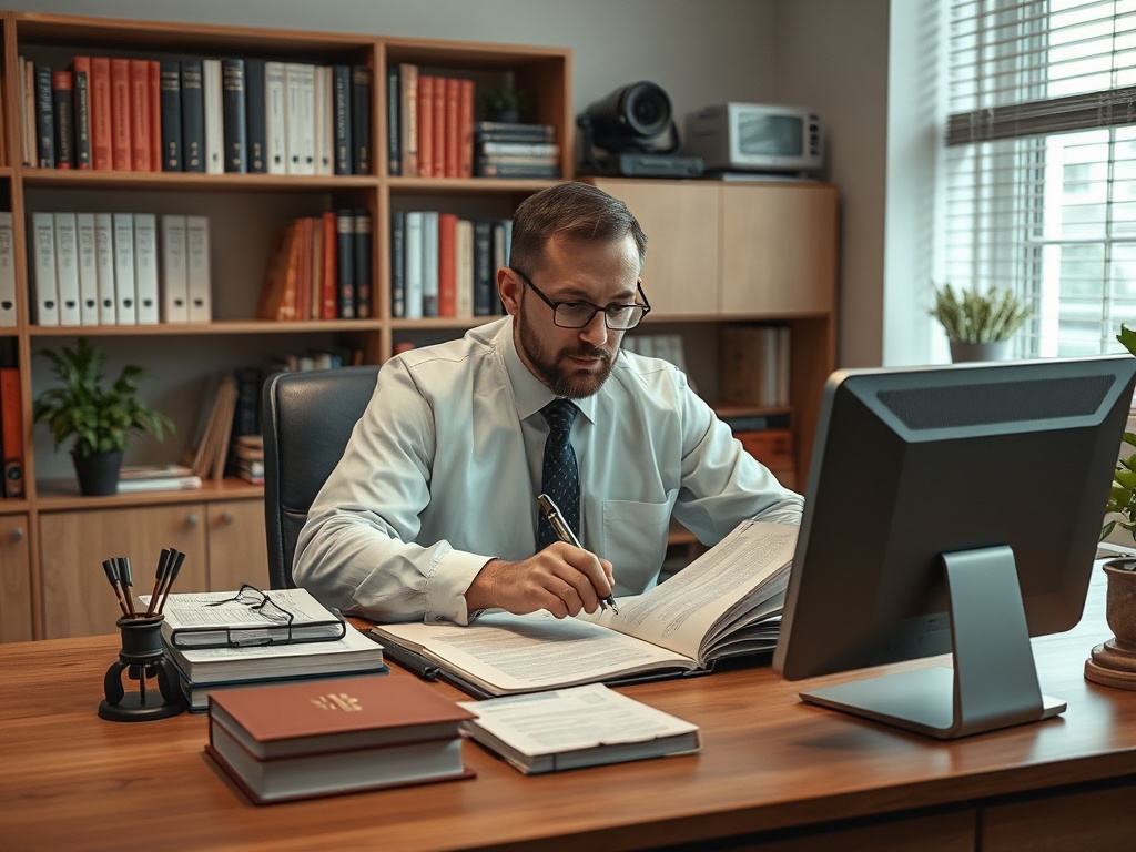 Человек в офисе читает документы и делает заметки, сидя за рабочим столом с компьютером.