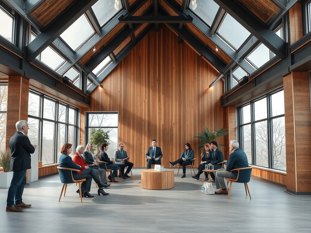 Группа людей в светлом помещении с большими окнами проводит обсуждение вокруг круглого стола.