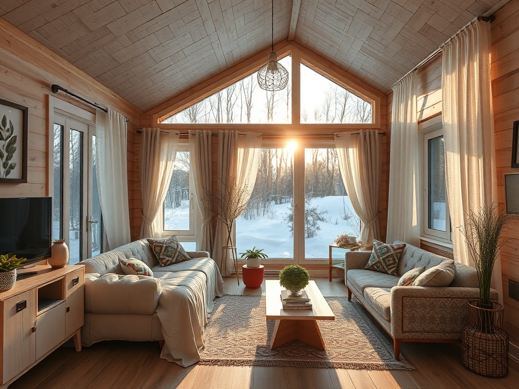 Светлая гостиная с большими окнами, пейзажем снега и мягкой мебелью, наполненная солнечным светом.