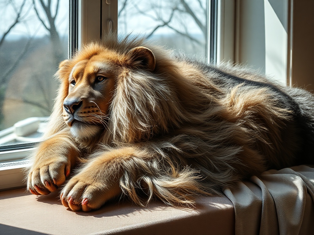 Лев с выразительной гривой лежит на подоконнике, глядя в окно на солнечный день.