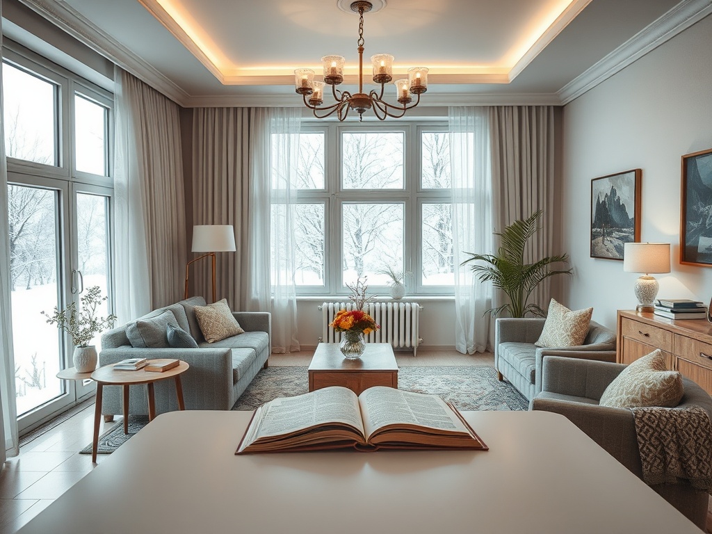 Уютная гостиная с окнами, мягкой мебелью и светом из современных светильников. Зима за окном.