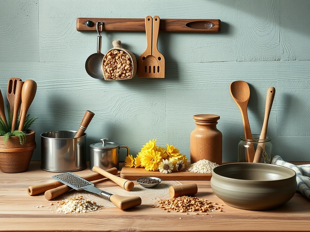 На столе разложены кухонные принадлежности, крупы, цветы и посуда на фоне голубой стены.