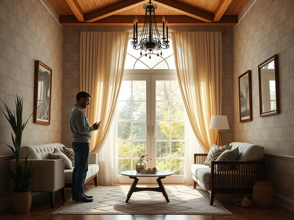 Человек стоит в светлом уютном помещении у окна, держа телефон в руках. Интерьер с мягкой мебелью и растениями.