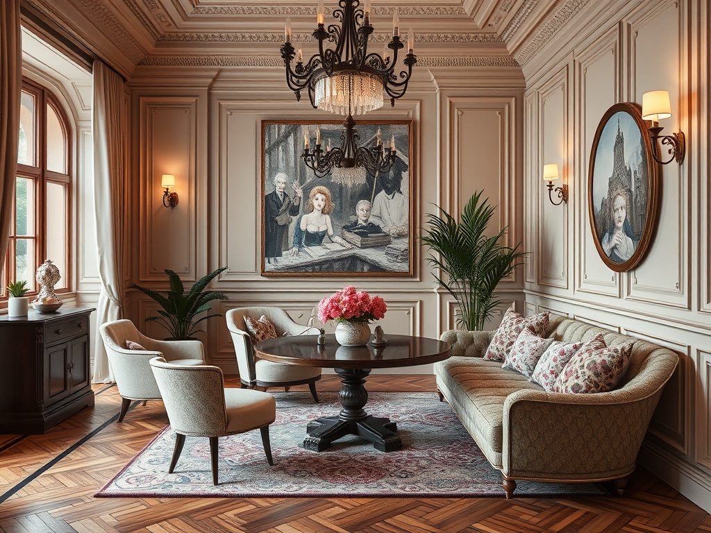 Элегантная гостиная с роскошной мебелью, картинами на стенах и уютной атмосферой. Светлый оформленный интерьер.