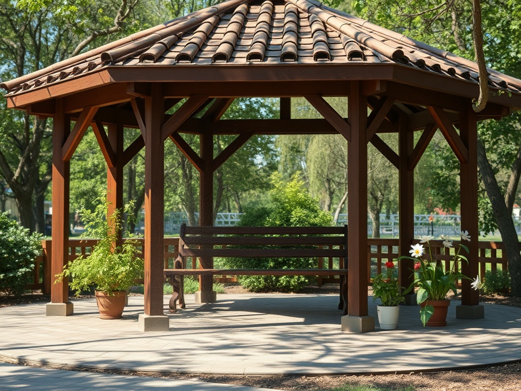 Беседка с крышей, скамейкой и горшками с растениями, окруженная зеленью и деревьями.