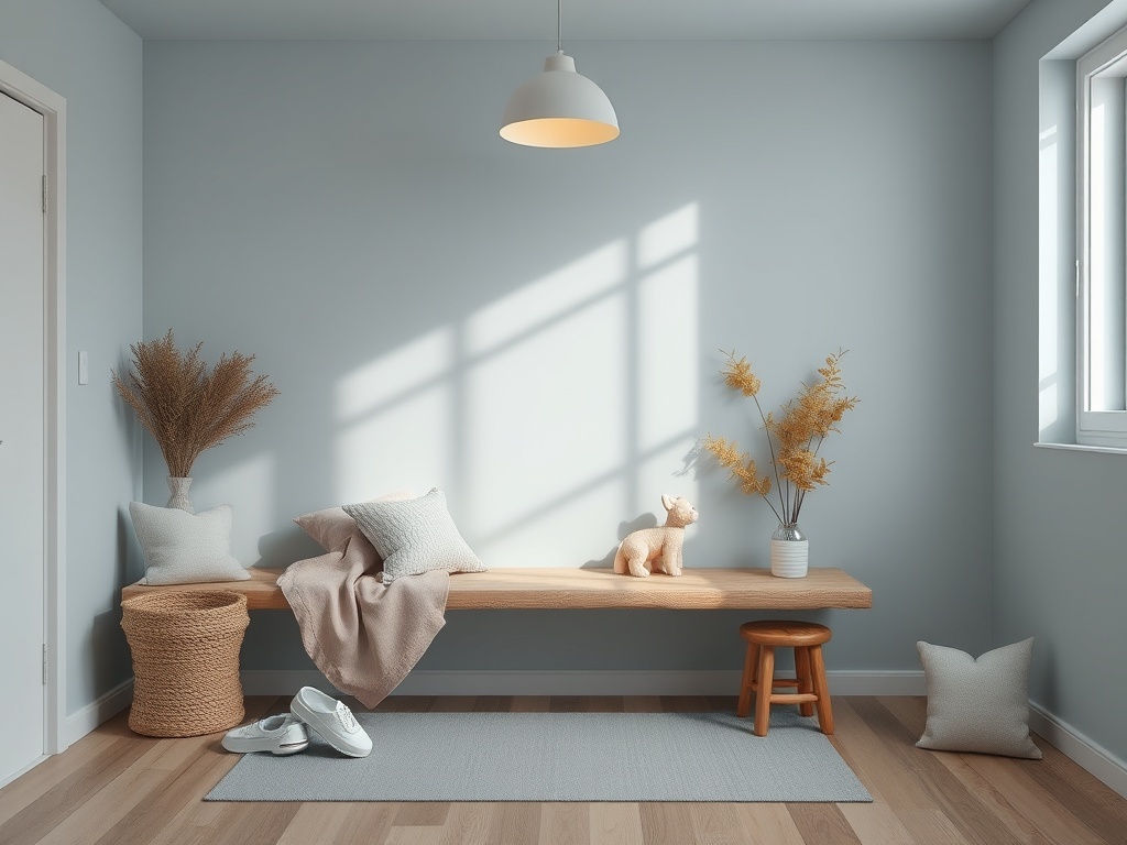 Светлая комната с деревянной скамейкой, растениями, подушками и игрушечной фигуркой. Солнечный свет проникает через окно.