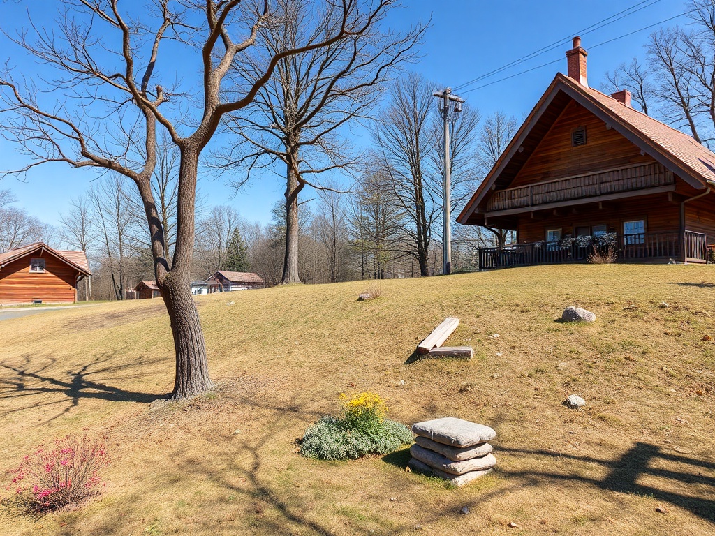 На изображении загородный дом, деревья и ухоженный участок с зелеными и желтыми растениями. Ясная погода.