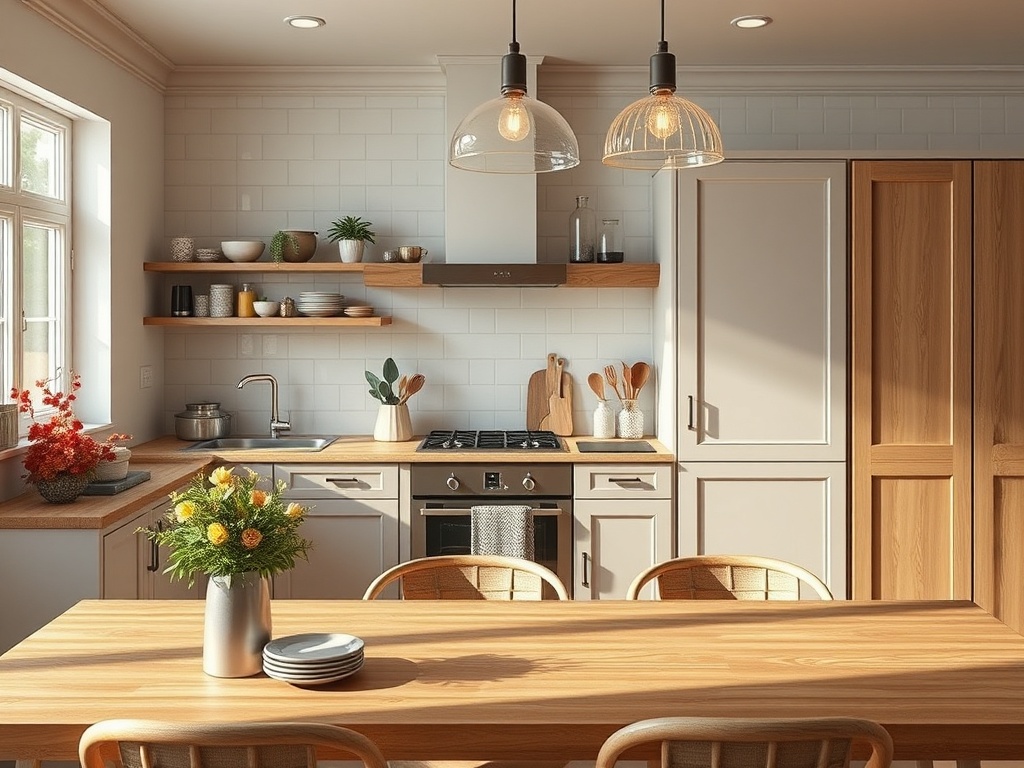 Современная кухня с деревянным столом, стульями, яркими цветами и стильными светильниками.