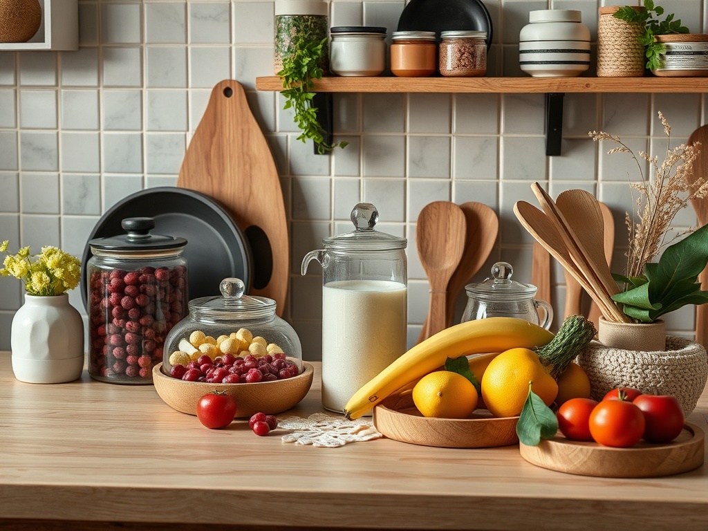 Кухонный стол с фруктами, молоком и заквасками в банках, деревянные ложки и растения на полках.