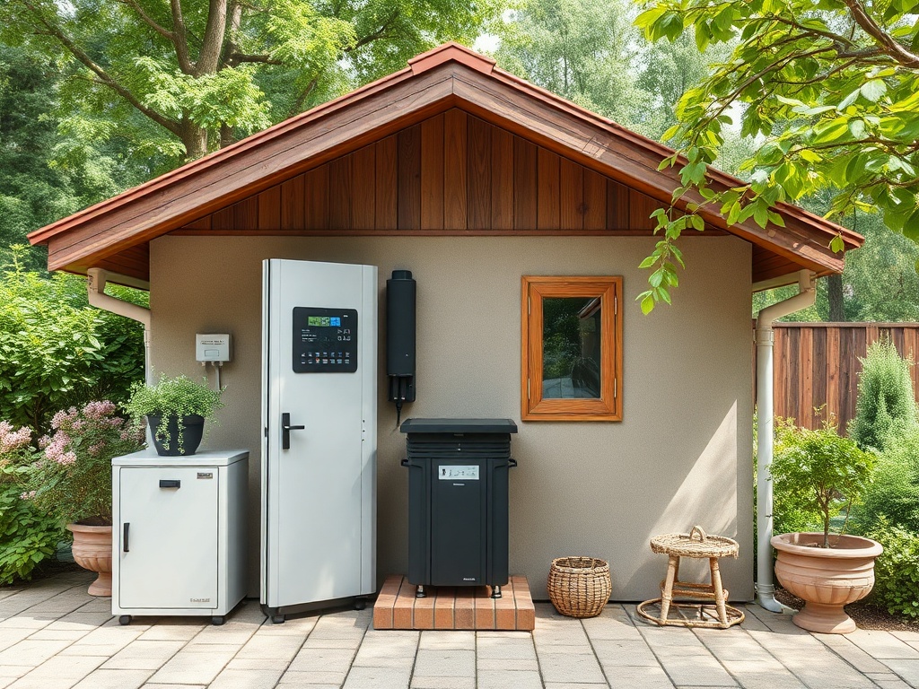 Уютный уголок с маленьким домиком, холодильником и растениями на фоне зелени.