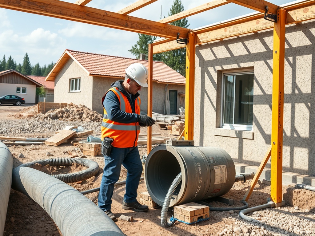 Строитель в защитном жилете работает с трубами на строительной площадке около домов.