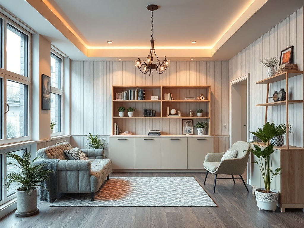 Современный интерьер с диваном, стеллажом и растениями, много света через большие окна.