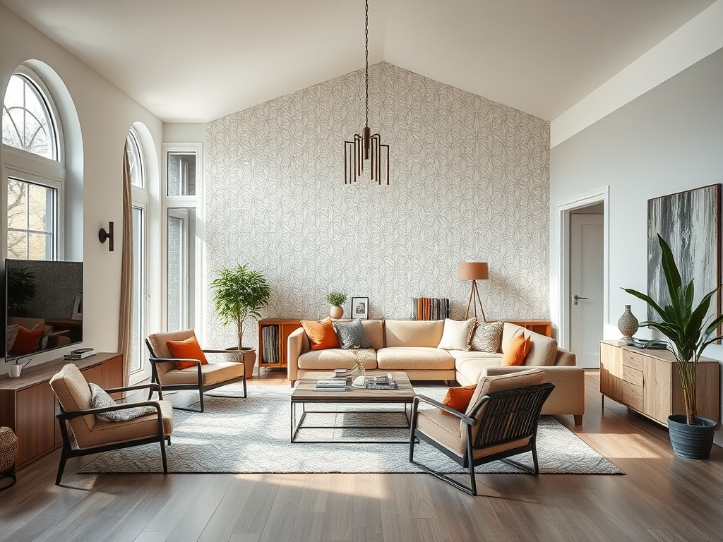 Современный светлый гостиный с уютным диваном, креслами и растениями на фоне декоративной стены.