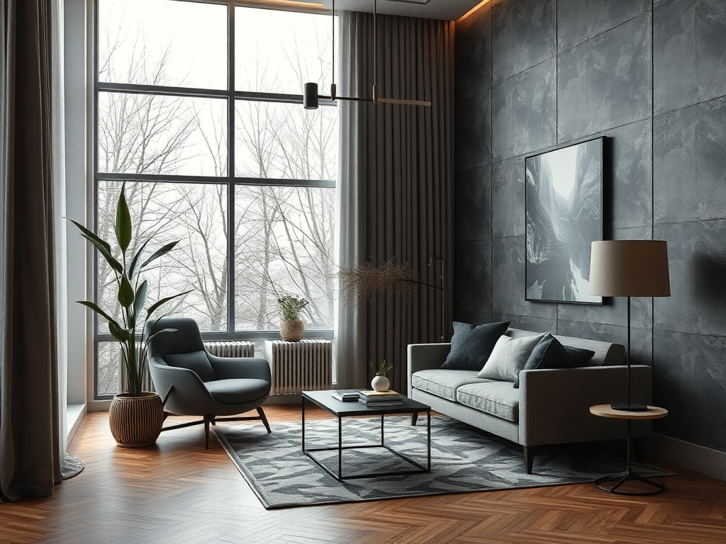 Современная гостиная с большими окнами, уютной мебелью и стильным декором в нейтральных тонах.