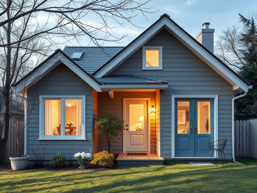 Современный дом с уютным светом, зелёным газоном и деревьями на фоне вечернего неба.