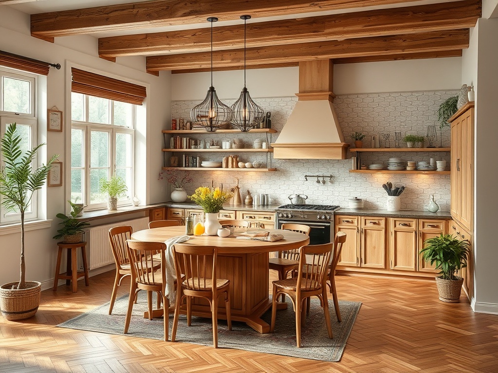 Светлая кухня с деревянными полками, круглым столом и стульями, зелеными растениями и уютным освещением.