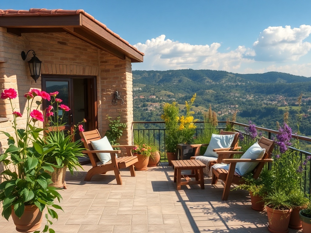 Уютная терраса с деревянной мебелью и цветами, открывающая прекрасный вид на горы и зелень.