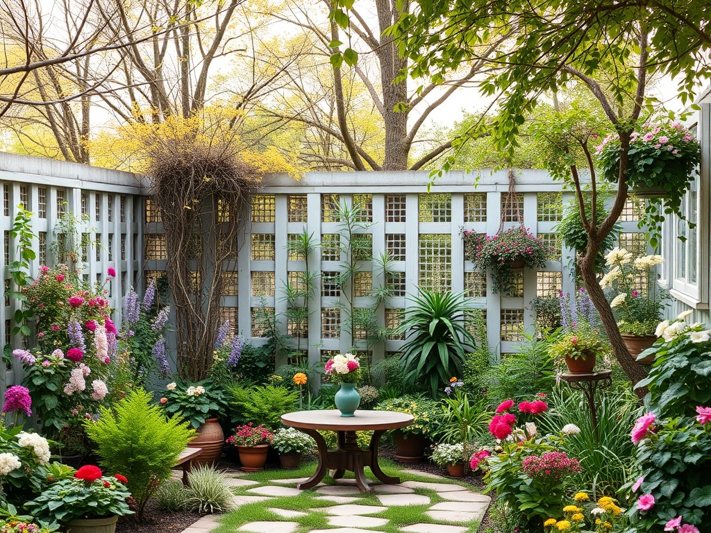 Уютный сад с цветами, зелеными растениями и небольшой круглой830 столиком на фоне стенки из решеток.