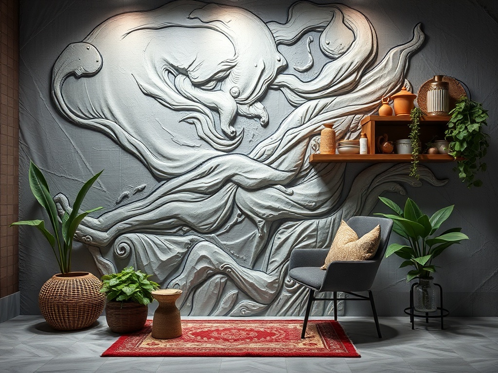 Современный интерьер с текстурной стеной, креслом и декоративными растениями на фоне.