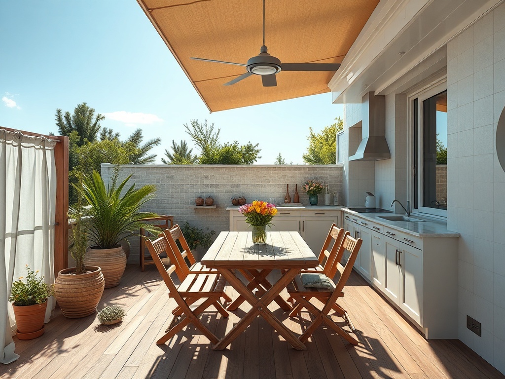 Современная веранда с деревянным столом, растениями и кухонной зоной под тентом. Солнечный день, зелень.