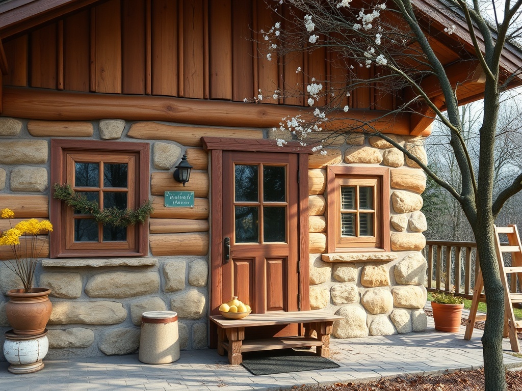 На картине изображена уютная деревянная хижина с каменной отделкой и цветущими деревьями вокруг.