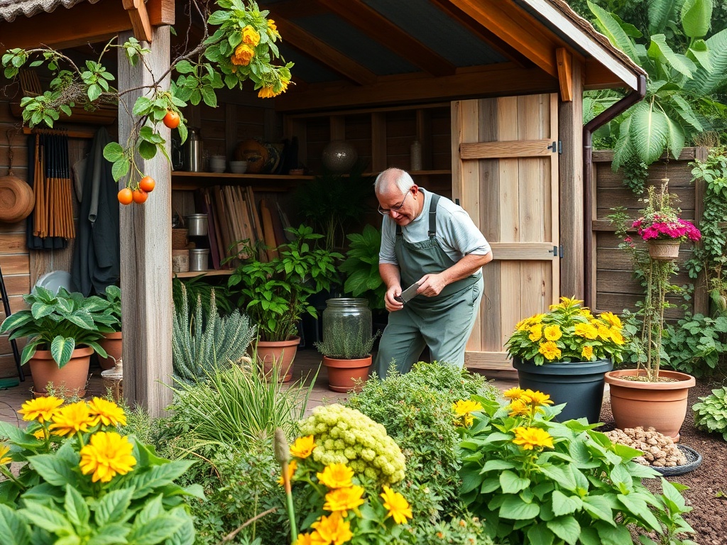 Садовод ухаживает за растениями в цветущем саду возле деревянного сарая в солнечный день.