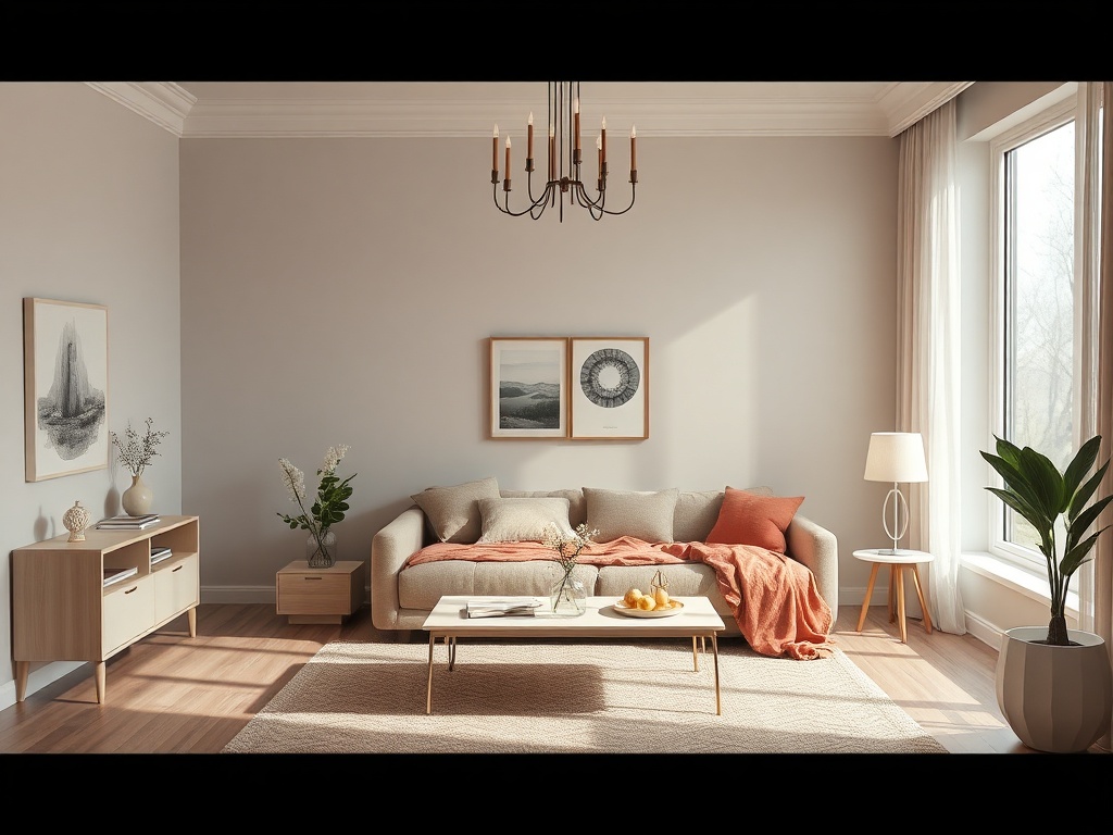 Уютная гостиная с мягким диваном, кофе-столом и большими окнами, залитая солнечным светом.