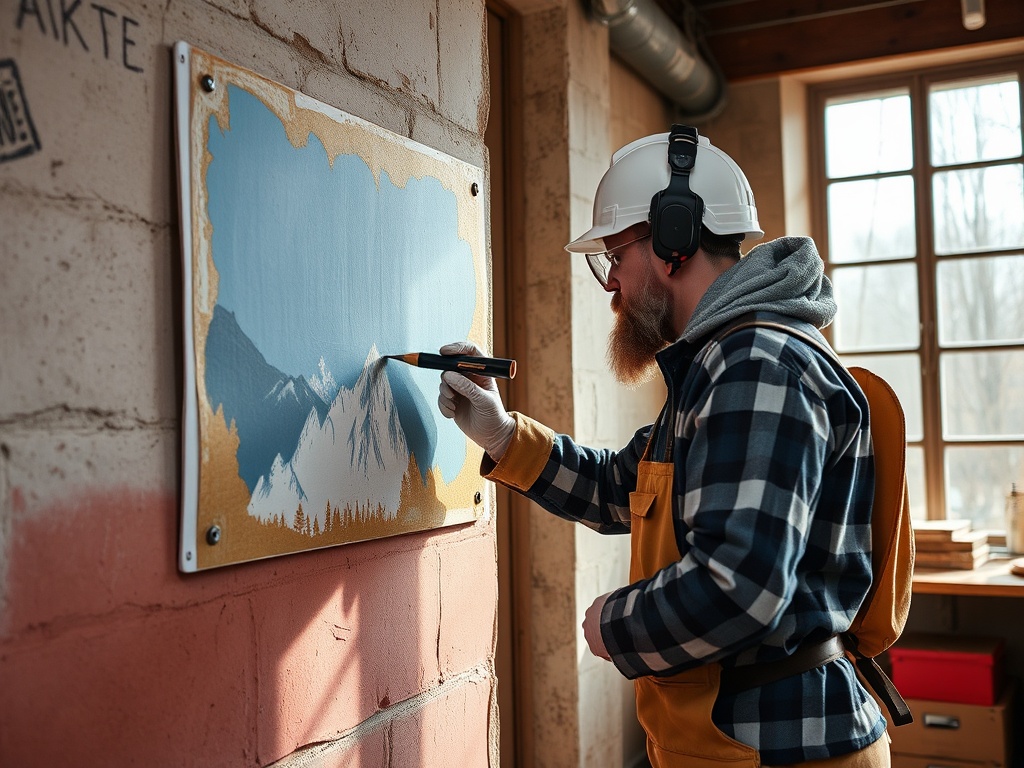 Мужчина в белом каске рисует горный пейзаж на стене в мастерской с большими окнами.
