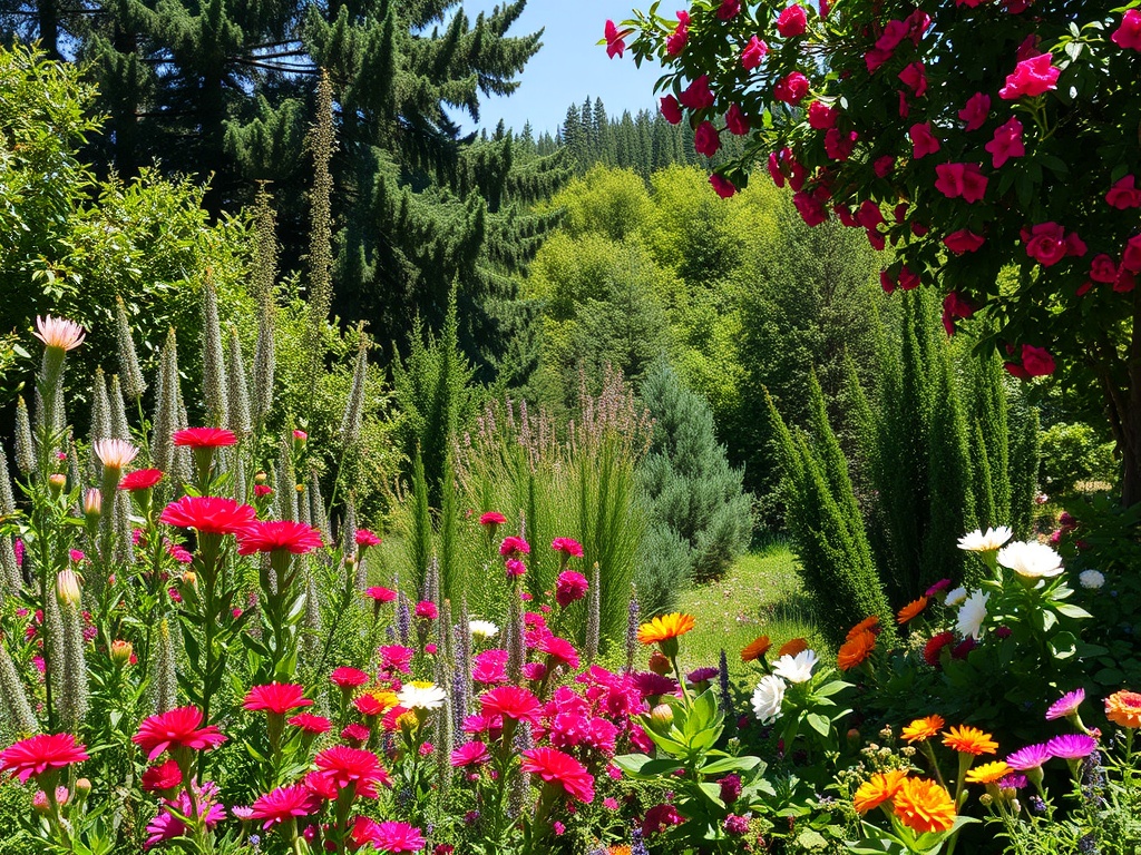 Цветущий сад с яркими цветами и зелеными деревьями на фоне синего неба. Летняя природа в полном цвету.